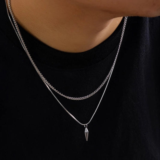 Men’s Punk Silver Cuban Link Chain & Rivet Pendant Necklace Set - 2pcs Stainless Steel