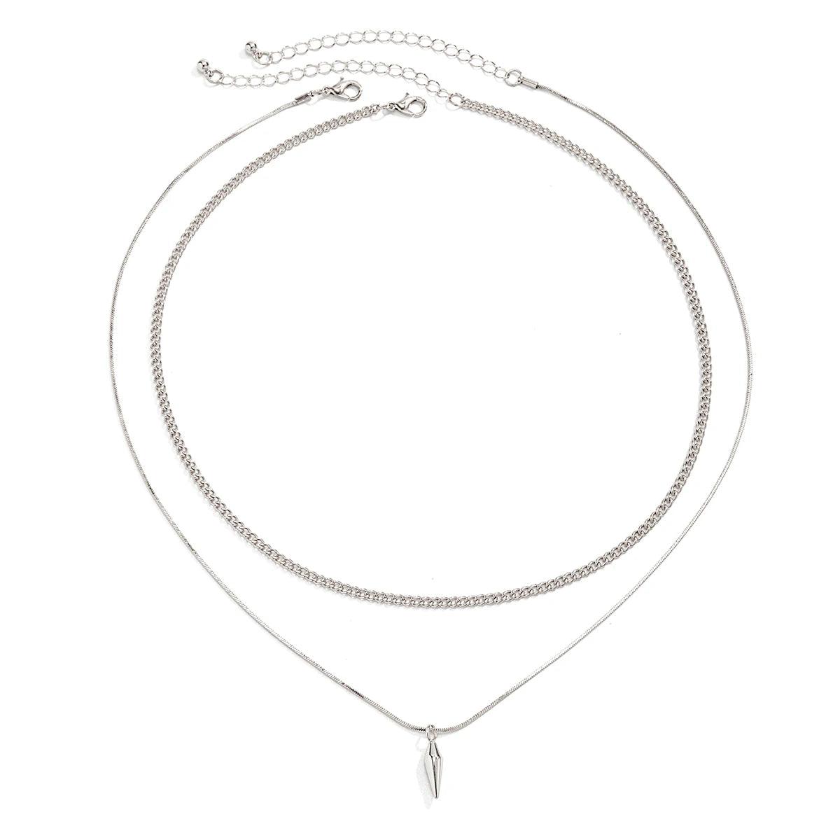 Men’s Punk Silver Cuban Link Chain & Rivet Pendant Necklace Set - 2pcs Stainless Steel