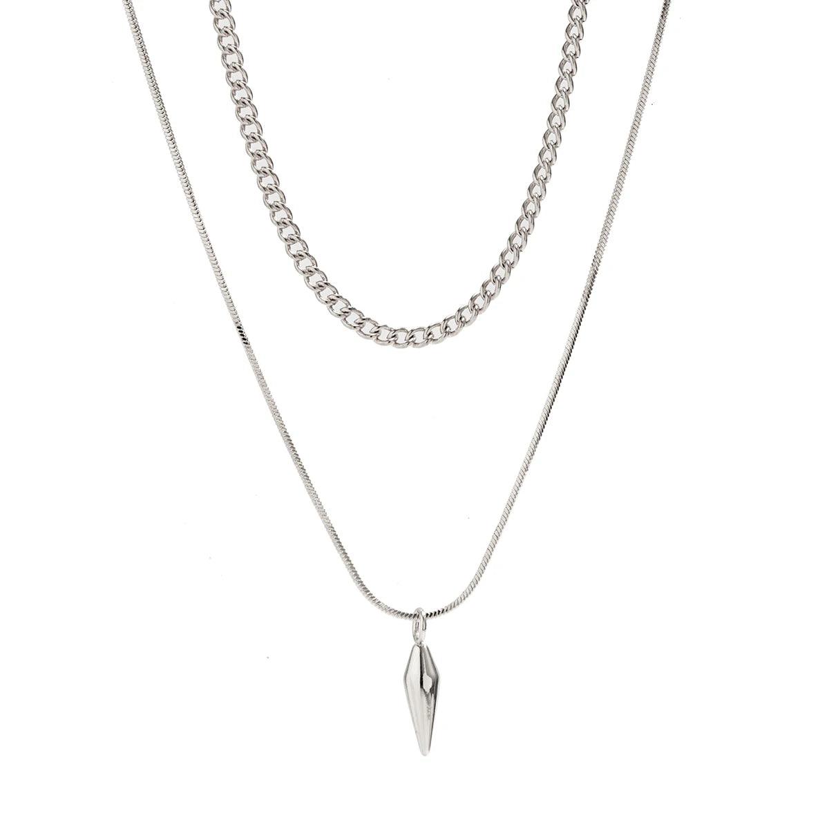 Men’s Punk Silver Cuban Link Chain & Rivet Pendant Necklace Set - 2pcs Stainless Steel