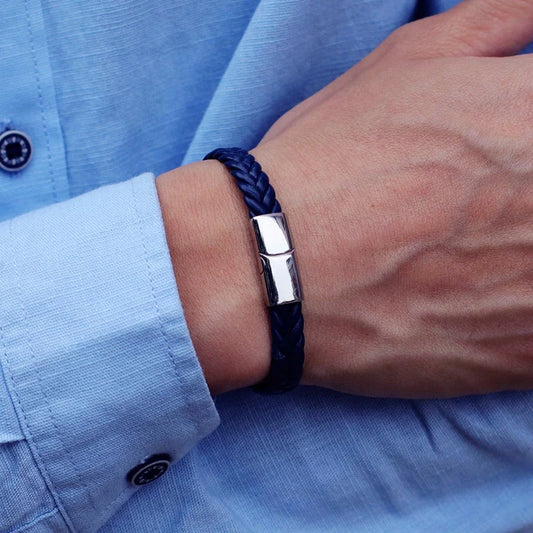 Blue Men's Leather Bracelet - 21cm