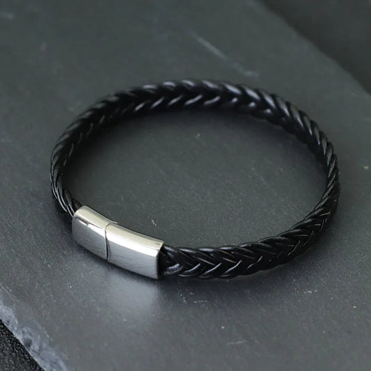 Black & Silver Men's Leather Bracelet - 21cm