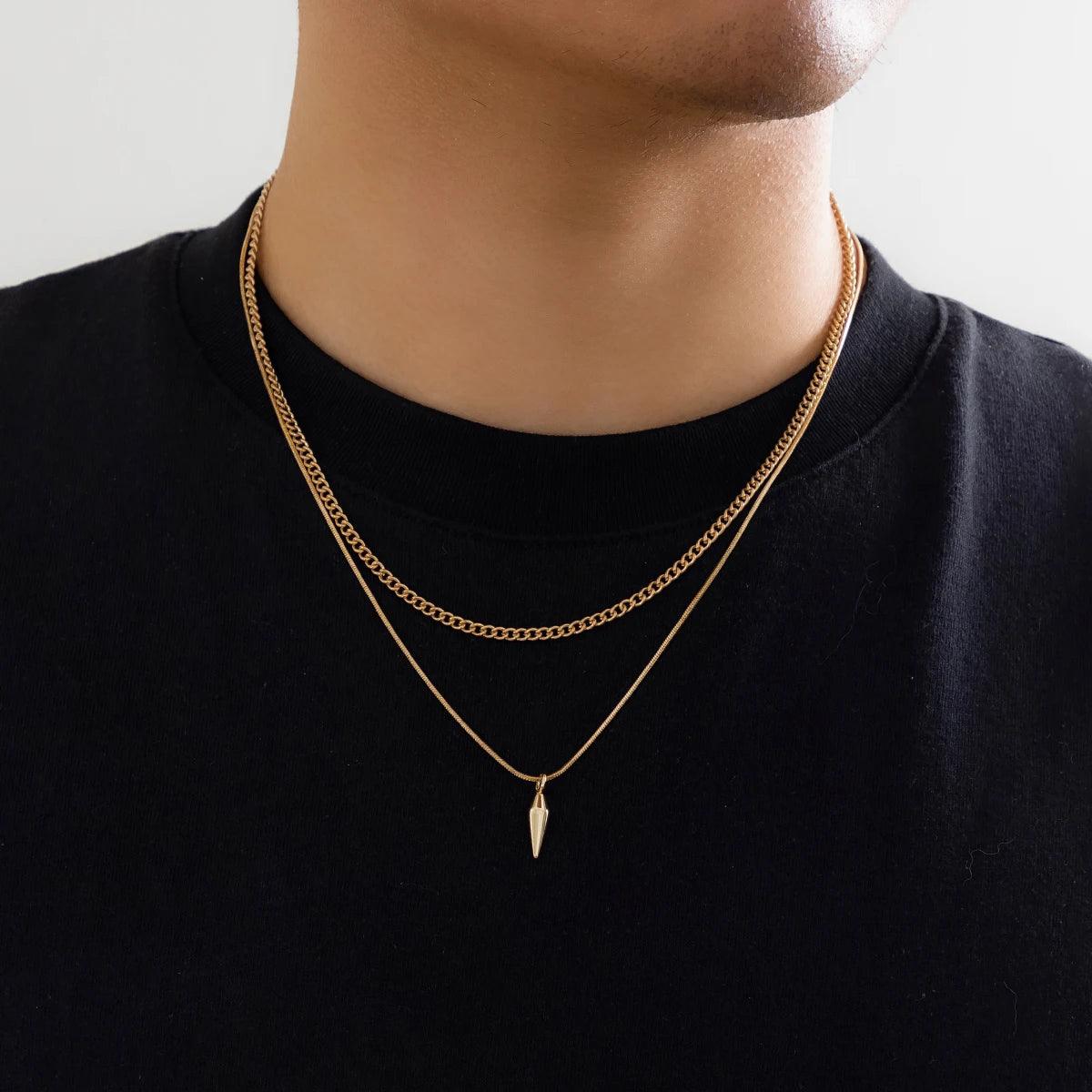 Men’s Punk Silver Cuban Link Chain & Rivet Pendant Necklace Set - 2pcs Stainless Steel