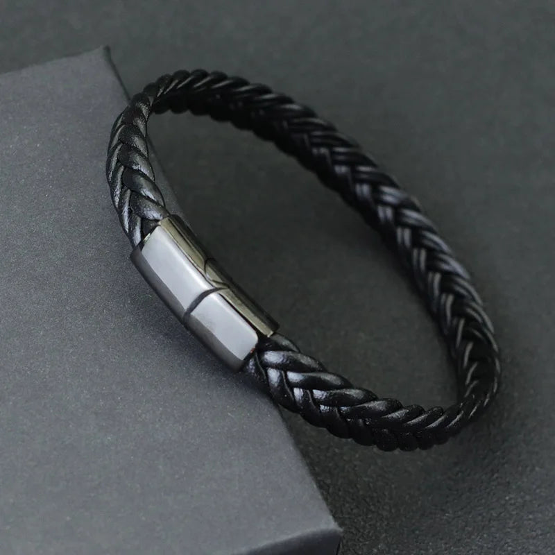 Black & Silver Men's Leather Bracelet - 21cm