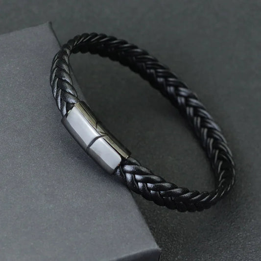 Black Men's Leather Bracelet - 21cm